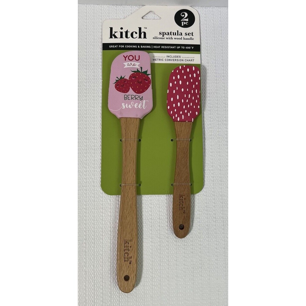 Kitch 2 PC Strawberry Silicone Spatula Set Wooden Handle Metric Conversion Chart